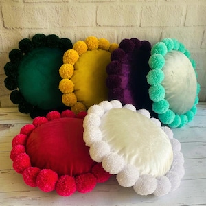 Velvet Pom Pom Round Pillow: Bohemian Sofa Cushion