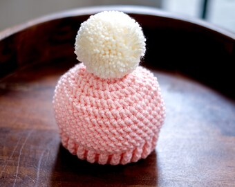 Crochet Hat for Baby, Pom Pom Beanie, Pink Baby Hat, Newborn Hat Pom Pom, Crochet Cap, Handmade Baby Hat, Newborn Girl Photo Prop, Pom Hat