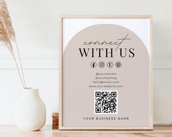 Connect With Us Sign, Beige Small Business Sign, Canva Template, QR Code Sign, Arched Social Media Sign, Instagram Sign, Follow Us Sign