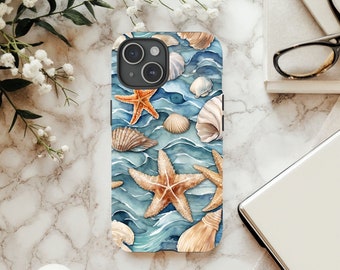 Ocean Waves, Seashells and Starfish, Watercolor Tough Phone Case for iPhone 15, 14, Pro Max, 13, 12 & Samsung S23, S22, S21, Google Pixel 7