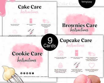 Tarjetas de cuidado de panadería editables, tarjeta de instrucciones de cuidado de pasteles, tarjetas de cuidado de galletas, tarjetas de visita de cuidado de pasteles Descarga instantánea, plantilla Canva