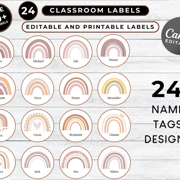 Printable classroom Name labels Boho Rainbow Circle Classroom Labels - EDITABLE Student Name Labels, Class Labels, DIGITAL DOWNLOAD