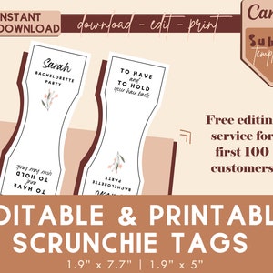 Printable Scrunchie Hang Tags, Editable Scrunchie Tag, Customizable Tag for Bridesmaid, Canva Template, Instant Download
