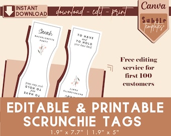 Printable Scrunchie Hang Tags, Editable Scrunchie Tag, Customizable Tag for Bridesmaid, Canva Template, Instant Download