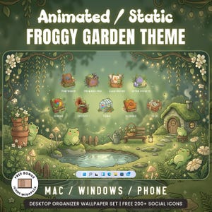 May include: A digital desktop organizer wallpaper set featuring an Animated / Static FROGGY GARDEN THEME. The illustration includes frogs, a pond, a small cottage, and various software icons like Photoshop, Chrome, and Excel. Includes MAC / WINDOWS / PHONE compatibility and a free bonus icons megapack.