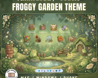 May include: A digital desktop organizer wallpaper set featuring an Animated / Static FROGGY GARDEN THEME. The illustration includes frogs, a pond, a small cottage, and various software icons like Photoshop, Chrome, and Excel. Includes MAC / WINDOWS / PHONE compatibility and a free bonus icons megapack.