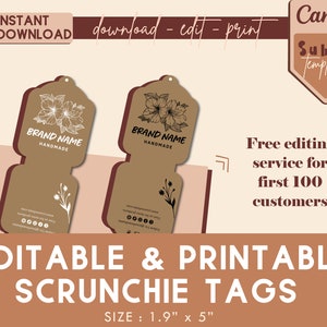 Printable Scrunchie Hang Tags, Editable Scrunchie Tag, Customizable Tag for Scrunchie Business, Canva Template, Instant Download