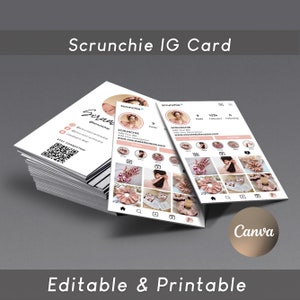 Plantilla de tarjeta de presentación de Instagram con Scrunchie, tarjeta de presentación de Instagram Canva 2025, tarjeta de presentación con código QR de Scrunchie, tarjeta de redes sociales imprimible
