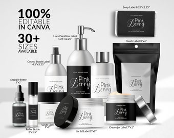 Cosmetic Branding Bundle: Editable Skincare Labels, Thank You Cards (CANVA)