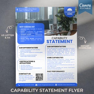 May include: A blue and white flyer with the text "Capability Statement" in a large white font. The flyer advertises IT and software solutions for businesses. The flyer includes a list of services, certifications, and contact information.