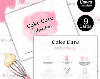 Tarjetas editables para el cuidado de pasteles, tarjetas con instrucciones para el cuidado de pasteles, tarjetas para el cuidado de galletas, tarjetas de presentación para el cuidado de pasteles, descarga instantánea, plantilla de Canva