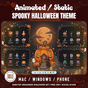 Peut inclure: Un ensemble de fonds d'écran organisateurs de bureau sur le thème d'Halloween avec une maison citrouille, un chat noir et des icônes effrayantes. Le texte indique Animated / Static SPOOKY HALLOWEEN THEME, MAC / WINDOWS / PHONE et FREE 200+ SOCIAL ICONS.