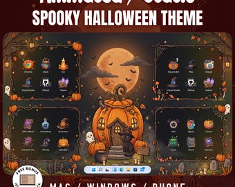 May include: A digital desktop organizer wallpaper set featuring a Halloween theme with a central pumpkin house, a black cat, and various spooky icons. The text reads Animated / Static SPOOKY HALLOWEEN THEME, MAC / WINDOWS / PHONE, and FREE 200+ SOCIAL ICONS.