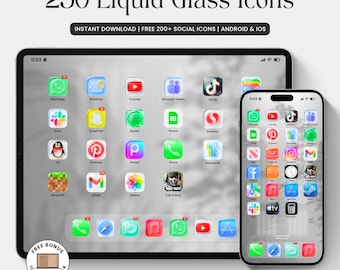 250 Liquid Glass App Icons for iOS & Android, Modern Clean Aesthetic for iPhone, 3D Glassmorphism Minimalist Icon Pack, Frosted Glass Icons
