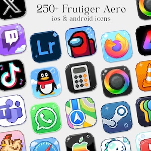 May include: A digital collection of 250+ Frutiger Aero ios & android icons featuring various colorful app logos in a pixelated style. The icons include recognizable symbols for social media, utilities, and games, all displayed with a glossy finish.