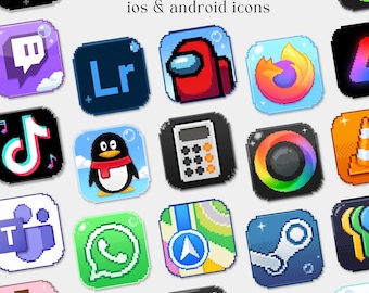 May include: A digital collection of 250+ Frutiger Aero iOS and Android icons featuring pixel art designs. The grid displays various colorful app symbols including a penguin, a calculator, a map, and social media logos with glossy effects.