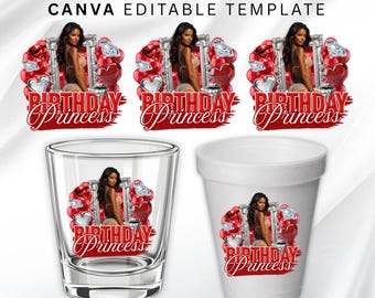Red And Silver Birthday Sticker, Styrofoam Cup Sticker, Shot Glass, All Zodiac Signs, T-Shirt Design, Canva Template, Instant Download
