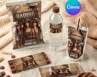 May include: A collection of party supplies with a western theme. Includes a snack bag, water bottle, juice pouch, and chocolate bars, all featuring the text "BIRTHDAY BADDIE" and "Jennifer GEMINI SZN".