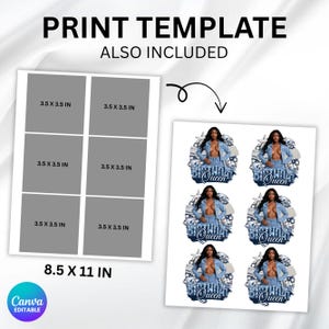 Puede incluir: Plantilla de impresi&oacute;n con seis cuadrados de 8,9 x 8,9 cm y seis dise&ntilde;os de pegatinas. El dise&ntilde;o de la pegatina presenta a una mujer con una chaqueta vaquera con la palabra "Queen". La plantilla mide 21,6 x 27,9 cm. El logotipo de Canva est&aacute; en la esquina inferior izquierda.