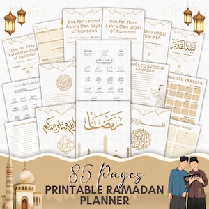 Pode incluir: Um planejador de Ramadã imprimível com 85 páginas. O planejador apresenta uma variedade de páginas, incluindo um rastreador de hábitos semanal, um rastreador de Ramadã e uma lista de coisas a evitar durante o Ramadã. O planejador também inclui uma página com o texto árabe "Ramadã Kareem" e uma página com uma ilustração de uma mesquita. O planejador foi projetado para ajudar os muçulmanos a planejar e organizar seu Ramadã.