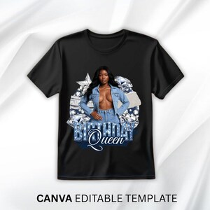 Puede incluir: Camiseta negra con un gr&aacute;fico de una mujer con chaqueta y vaqueros de mezclilla, rodeada de diamantes y una estrella. El texto "Birthday Queen" se muestra en azul. La parte inferior de la imagen dice "CANVA EDITABLE TEMPLATE".