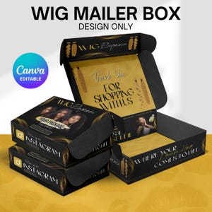 May include: Black wig mailer boxes with gold accents and the text "WIG MAILER BOX DESIGN ONLY". The boxes feature the text "Thank You FOR SHOPPING WITH US" and "WHERE YOUR Dream Hair COMES TO LIFE". The boxes also have the Instagram logo.