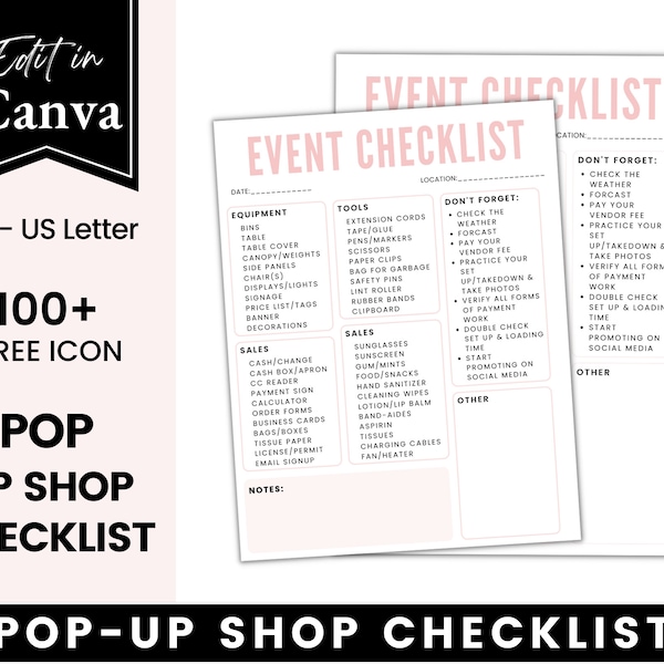 POP UP SHOP and Market Checklist, Vendor Event Planner, Craft Show Checklist, Flea Market Checklist, Checklist for Vendor Booth, Checklist