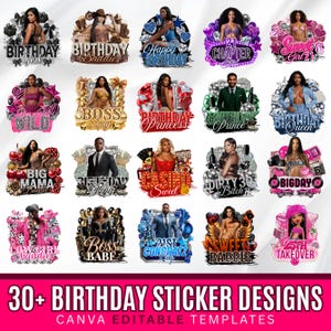 Bundel verjaardag ontwerpsjabloon, 30+ verjaardagssticker, stickers piepschuim beker, T-shirtontwerpen, bewerkbare roze cheetah, cowgirl, casino, Y2k-ontwerp afbeelding 1