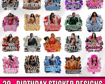 Geburtstags-Design-Vorlagen-Bundle, 30 + Geburtstagsaufkleber, Styroporbecher-Aufkleber, T-Shirt-Designs, bearbeitbarer rosa Gepard, Cowgirl, Kasino, Y2k Design