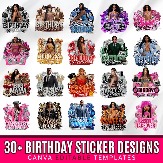 Birthday Design Template Bundle, 30+Birthday Sticker, Styrofoam Cup stickers,T-Shirt Designs,Editable Pink Cheetah,Cowgirl,Casino,Y2k Design