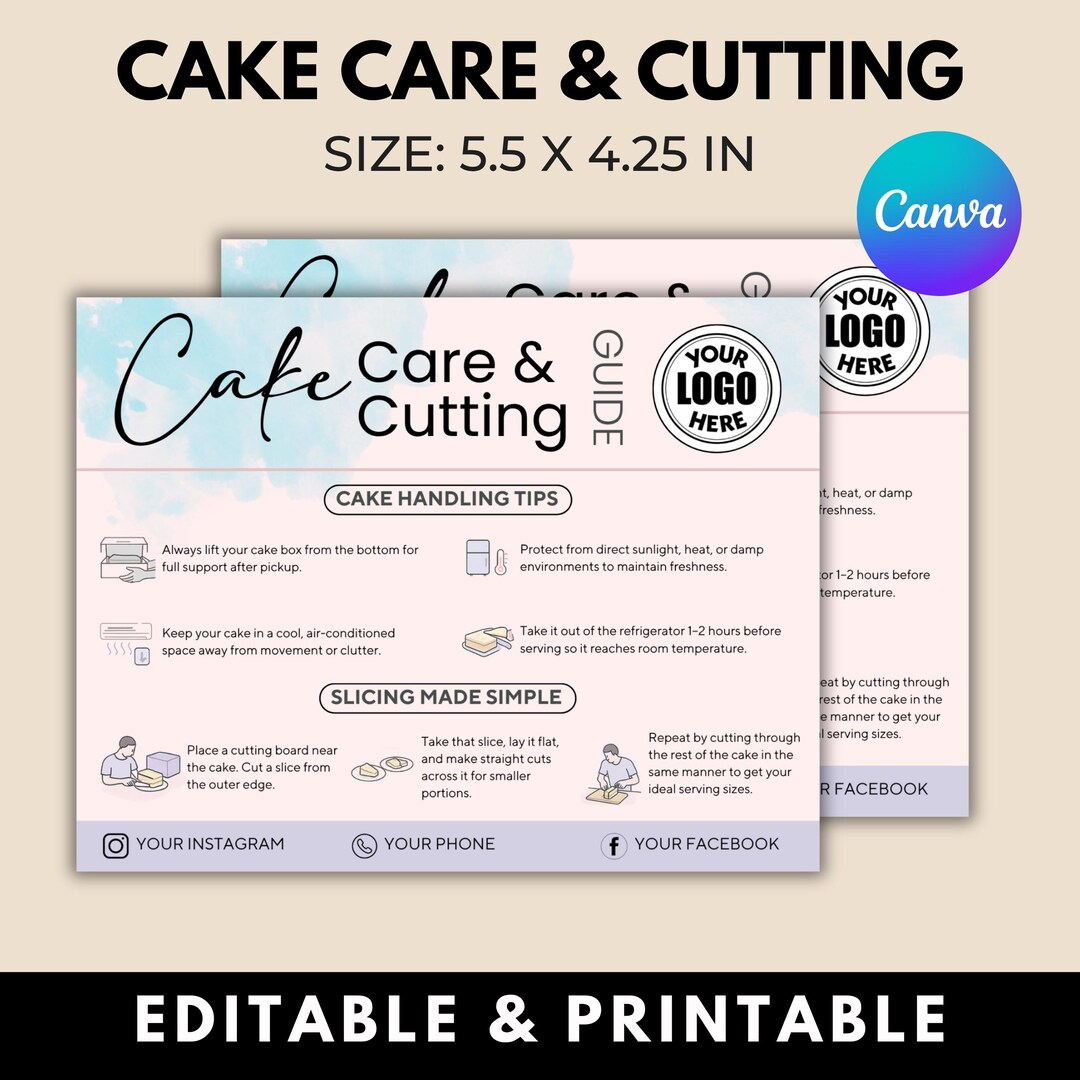 Cake Care and Cutting Guide Card Template, Editable Bakery Labels ...