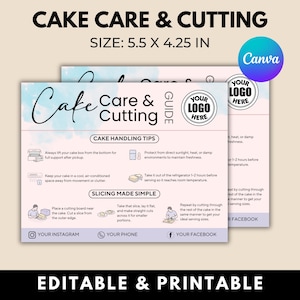 Cake Care and Cutting Guide Card Template, Editable Bakery Labels Templates,Cake Care Card,Cake Cutting Card, Cake Guide Card Canva Template