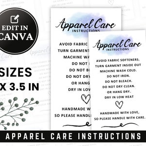 Apparel Care Instructions Card, Small Business Supplies, Washing Instructions, Digital File, Ready To Print, Instant Download