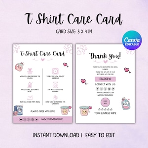 Editable T Shirt Care Card Template, Washing Instructions Care Card, Printable T Shirt Care Card, Clothing Care Instructions, Canva Template