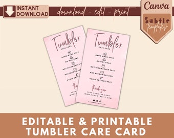 Printable Tumbler Care Instructions Card Care Card for Small Business Tumbler Care Label Washing Care Card Ready to Print Care Instruction