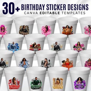 Bundel verjaardag ontwerpsjabloon, 30+ verjaardagssticker, stickers piepschuim beker, T-shirtontwerpen, bewerkbare roze cheetah, cowgirl, casino, Y2k-ontwerp afbeelding 2