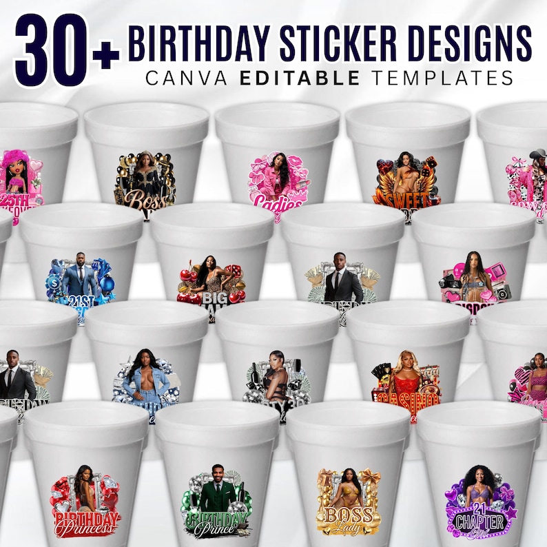 Bundel verjaardag ontwerpsjabloon, 30+ verjaardagssticker, stickers piepschuim beker, T-shirtontwerpen, bewerkbare roze cheetah, cowgirl, casino, Y2k-ontwerp afbeelding 2