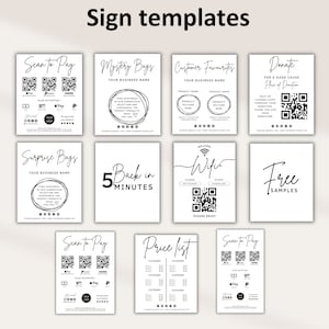 May include: Ten black and white printable sign templates for a business. The signs include text such as "Scan to Pay", "Mystery Bags", "Customer Favorites", "Donate", "Surprise Bags", "Back in 5 Minutes", "Wifi", "Free Samples", "Scan to Pay", and "Price List".