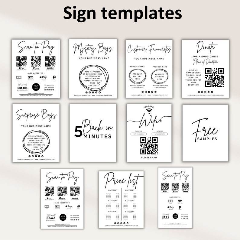May include: Ten black and white printable sign templates for a business. The signs include text such as "Scan to Pay", "Mystery Bags", "Customer Favorites", "Donate", "Surprise Bags", "Back in 5 Minutes", "Wifi", "Free Samples", "Scan to Pay", and "Price List".