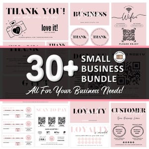 May include: A collection of small business marketing templates in pink, black, and white. The set includes thank you cards, wifi signs with QR codes, loyalty cards, payment scan signs, receipts, and customer favorite sheets with bold typography.