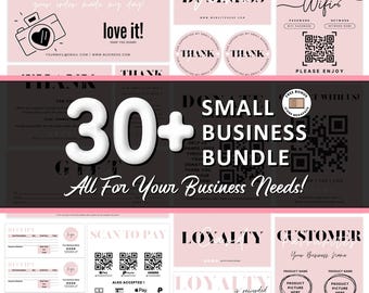May include: A collection of small business marketing templates in pink, black, and white. The set includes thank you cards, wifi signs with QR codes, loyalty cards, payment scan signs, receipts, and customer favorite sheets with bold typography.