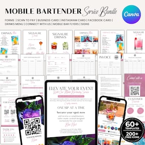 May include: A collection of mobile bartender service templates, including forms, menus, and promotional materials. The design features a modern aesthetic with a focus on cocktail imagery and event planning. Includes a tablet and two smartphones.