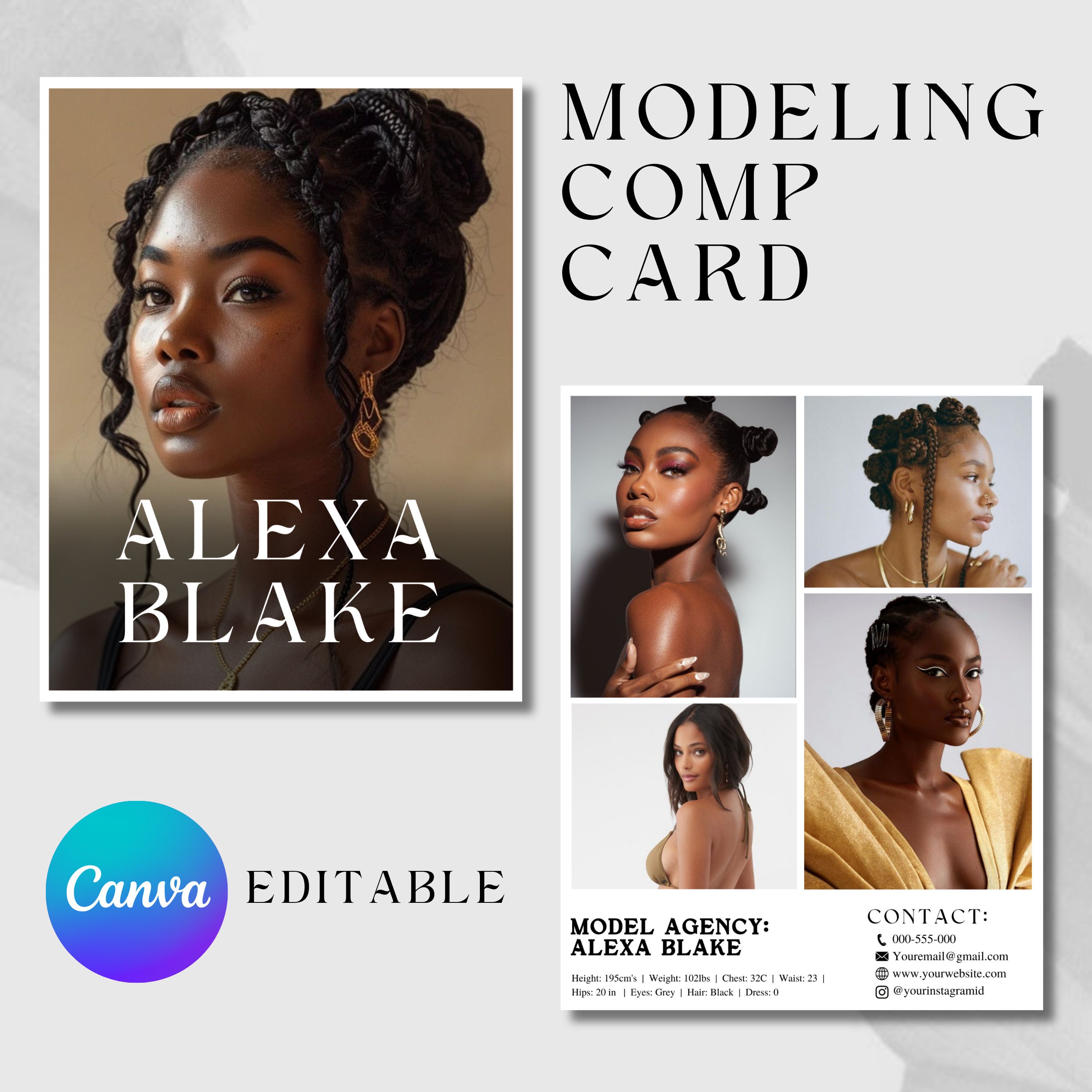 Modeling Comp Card Template, Model Portfolio Templates, Fashion Resume Photo Card, Printable and Editable, Canva Template, Instant Download