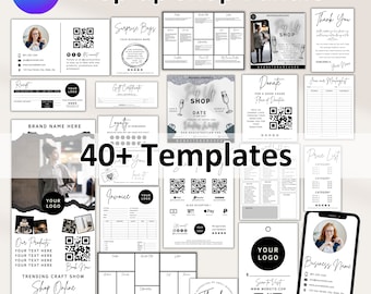 May include: A collection of 40+ printable templates for a pop-up shop. The templates are in black and white with a modern minimalist design. The templates include a price list, thank you card, invoice, gift certificate, surprise bags, and more.