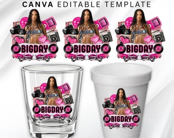 Pink Birthday Sticker, Styrofoam Cup Sticker, Shot Glass, All Zodiac Signs, T-Shirt Design, Canva Template, Instant Download