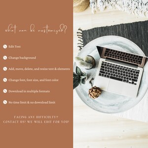 Może przedstawiać: Laptop na szarym stole z kaktusem i szyszką. Tekst "what can be customized?" znajduje się po lewej stronie obrazu. Tekst "Edit Text", "Change background", "Add, move, delete, and resize text & elements", "Change font, font size, and font color", "Download in multiple formats", "No time limit & no download limit", "FACING ANY DIFFICULTY? CONTACT US! WE WILL EDIT FOR YOU!" znajduje się po lewej stronie obrazu.