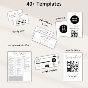 May include: A set of 40+ printable templates for small businesses, including loyalty cards, gift certificates, price tags, receipts, and pop-up event checklists. The templates are black and white with a modern minimalist design.