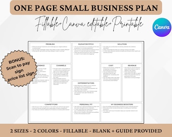 One Page Business Plan Template: Fillable, Editable in Canva (Digital Download)