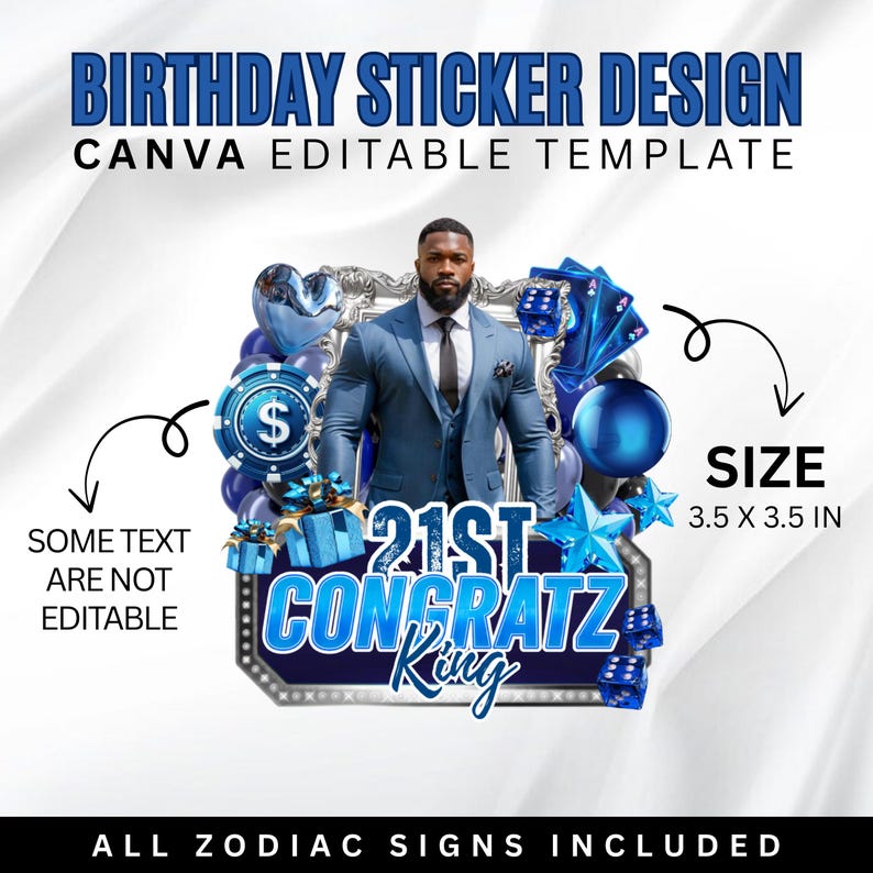 Blue 21st Birthday Sticker Template: All Zodiac Signs (canva Editable ...