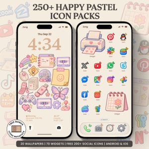 May include: Two smartphones displaying a digital interface with the text 250+ HAPPY PASTEL ICON PACKS. The screens feature a collection of pastel-coloured icons, widgets, and wallpapers including a printer, butterfly, cassette tapes, and various social media logos.